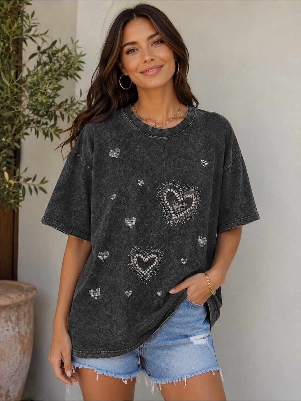 Mineral Washed Black Heart Rhinestone Short Sleeve Tee